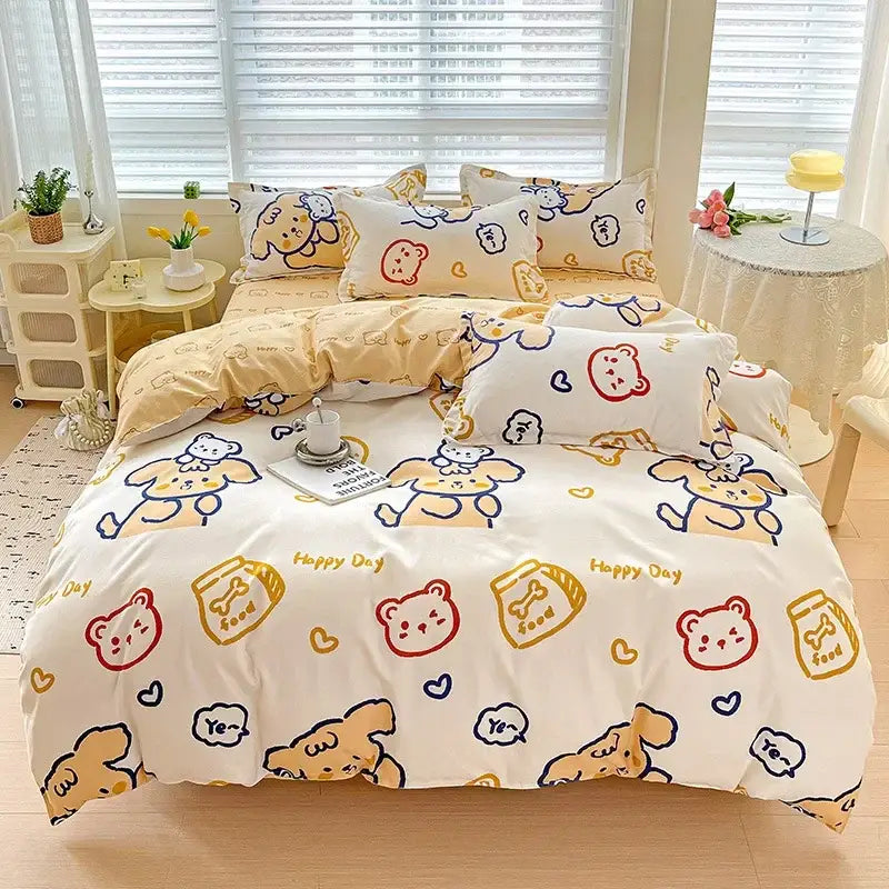 Cute yellow and white bear themed decorbites cotton printed bedding set featuring playful cartoon designs for bedroom comfort