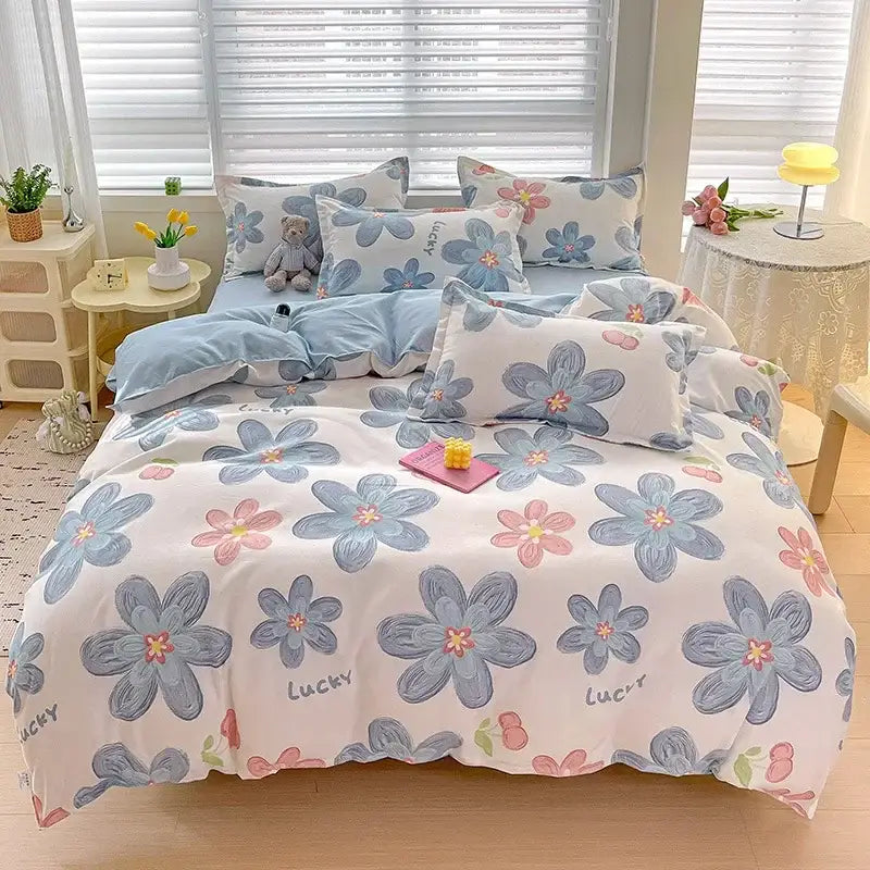 Floral pink and blue rose cotton printed bedding set featuring lucky print on white cotton comforter for bedroom decorbites cotton printed bedding
