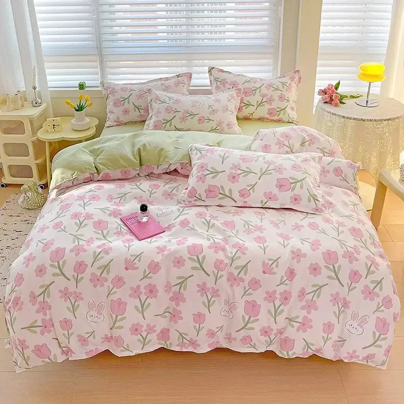 Floral pink and blue rose decorbites cotton printed bedding set featuring pink tulip and bunny pattern for bedroom comfort