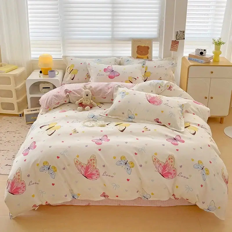 Pastel butterfly and heart-patterned decorbites cotton printed bedding set with soft cream base for bedroom comfort