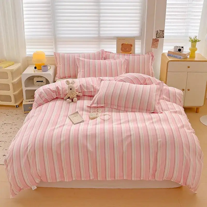 Pink and white striped cotton printed bedding set with soft cozy texture from floral pink and blue rose decorbites collection