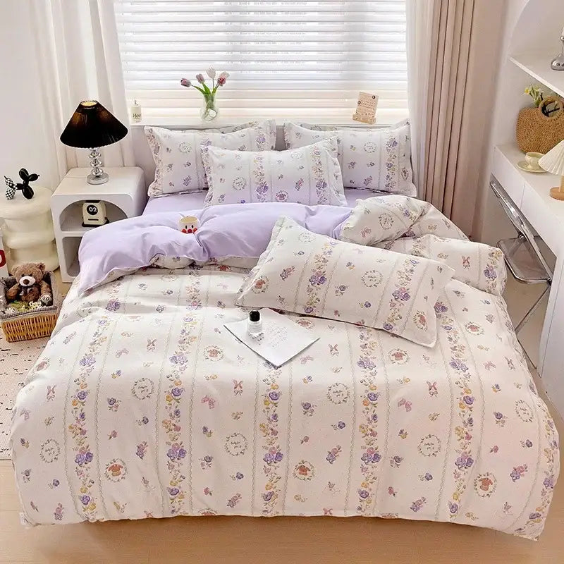 Lavender and cream floral patterned decorbites cotton printed bedding set with vertical stripes for bedroom comfort