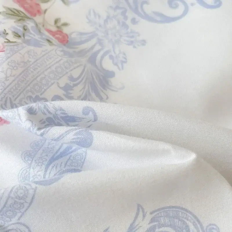 Soft off-white decorbites cotton printed bedding set with delicate floral pink and blue rose pattern for bedroom comfort
