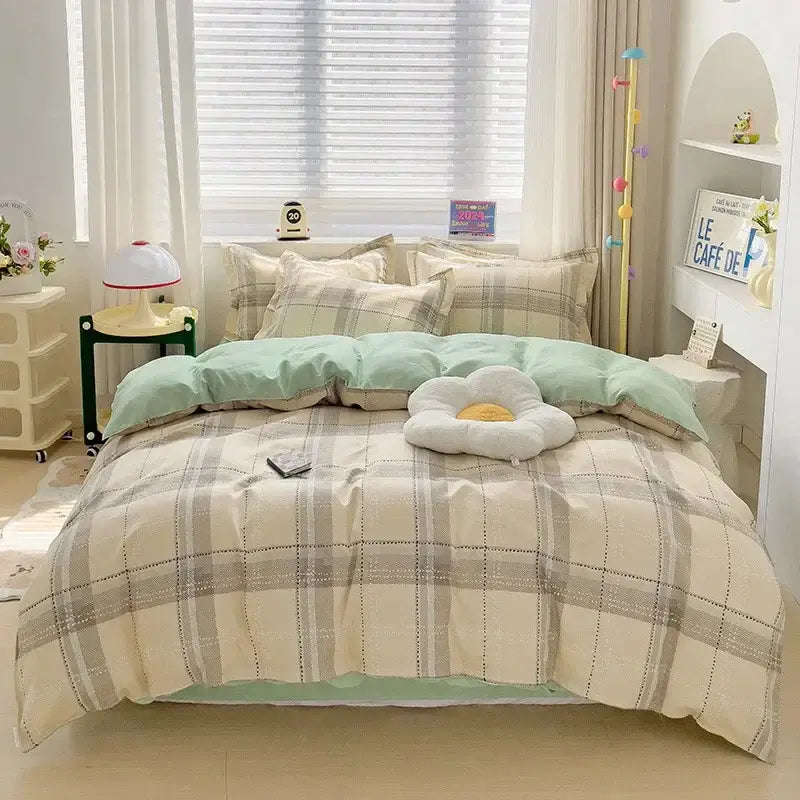 Mint green and beige plaid cotton printed bedding set with fluffy white flower pillow for bedroom decorbites cotton printed bedding
