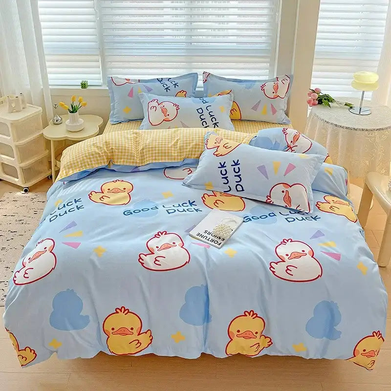 Floral pink and blue rose cotton printed bedding set with light blue duck-themed cotton printed bedding decorbites design