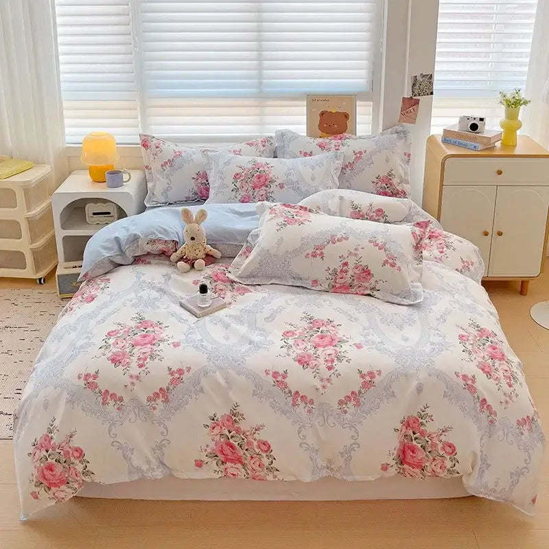 Floral pink and lavender cotton printed bedding set with soft elegant design for bedroom comfort by decorbites cotton printed