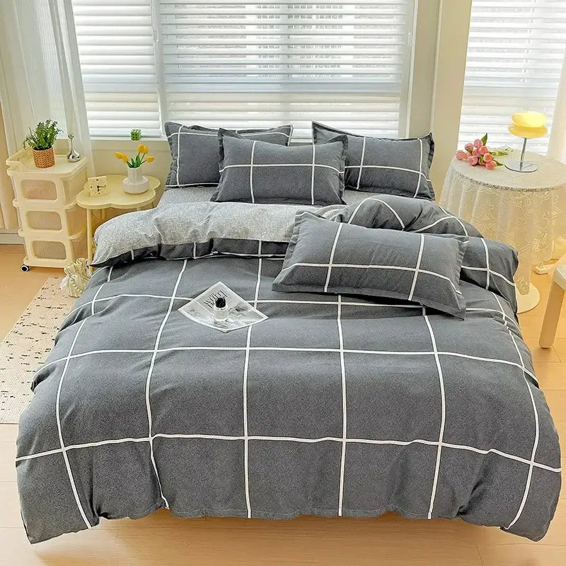 Gray duvet cover set with white grid pattern from floral pink and blue rose decorbites cotton printed bedding set