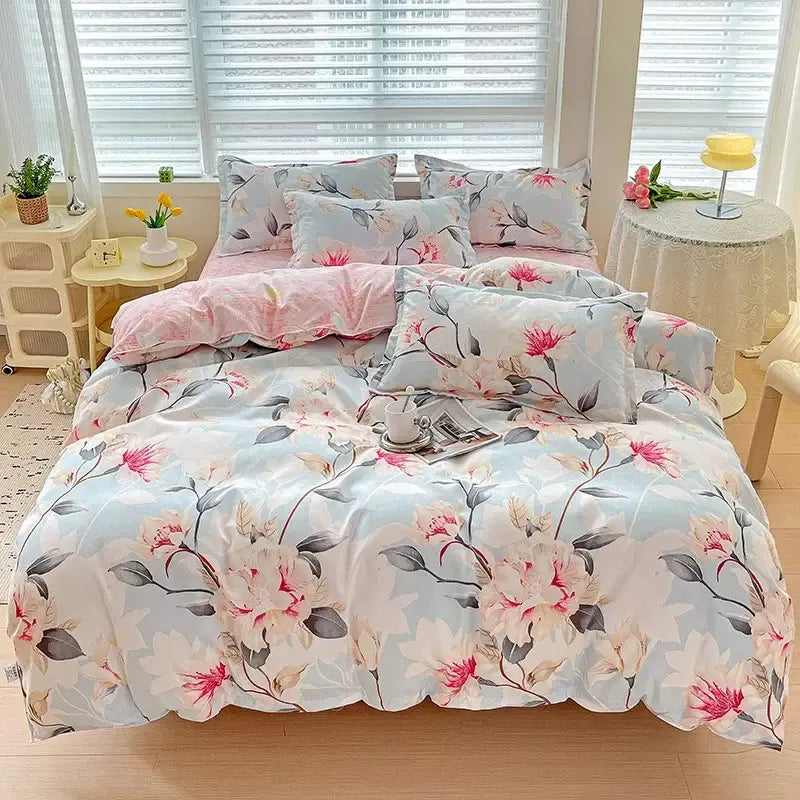 Floral pink and blue rose cotton printed bedding set featuring soft light blue cotton printed decorbites cotton printed design