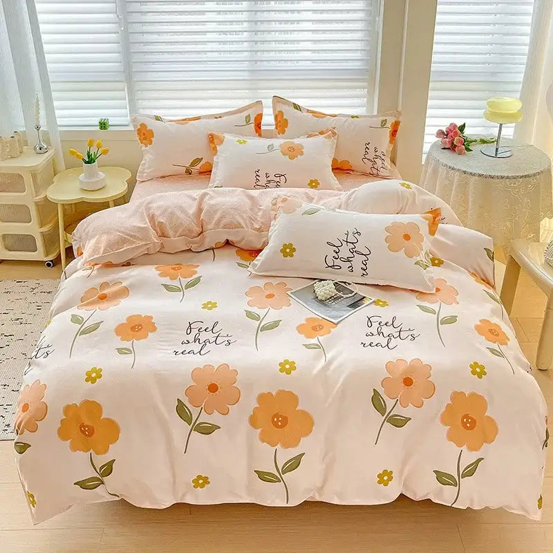 Pastel peach floral bedding set with orange yellow blossoms green stems and feel whats real print by decorbites cotton printed