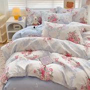 Floral pink and blue rose cotton printed bedding set on soft white fabric for bedroom decorbites cotton printed comfort