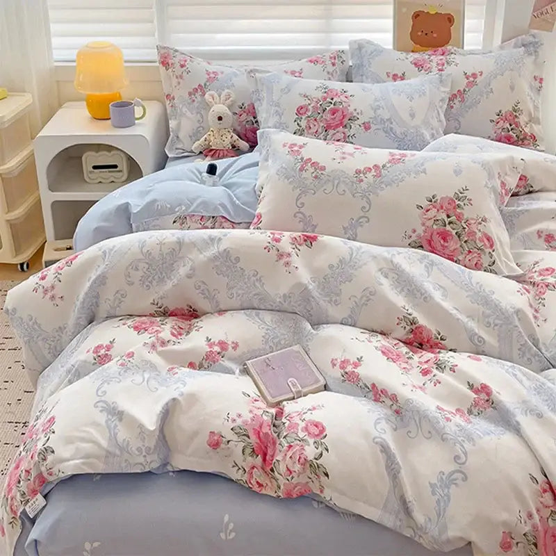 Floral pink and blue rose cotton printed bedding set on soft white fabric for bedroom decorbites cotton printed comfort