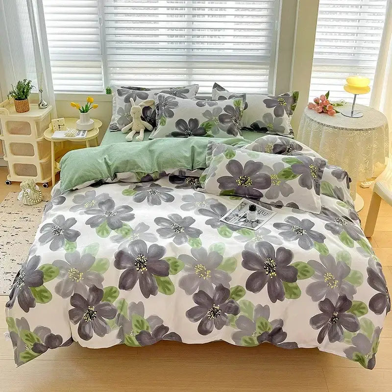 Floral pink and blue rose decorbites cotton printed bedding set with gray and green watercolor floral duvet cover