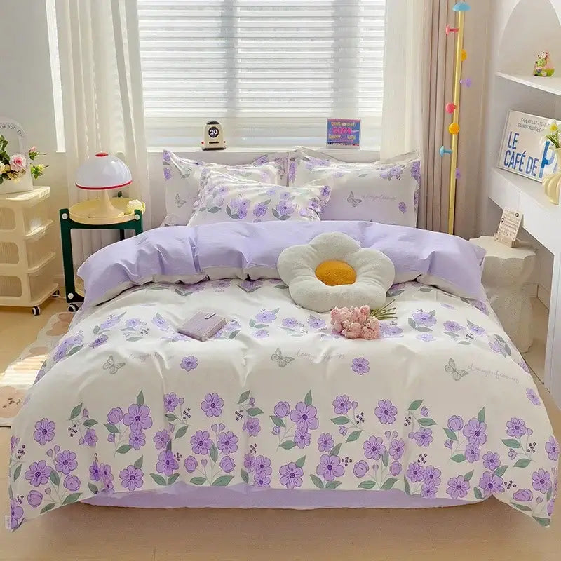 Lavender and white floral-patterned decorbites cotton printed bedding set with soft plush texture for bedroom comfort