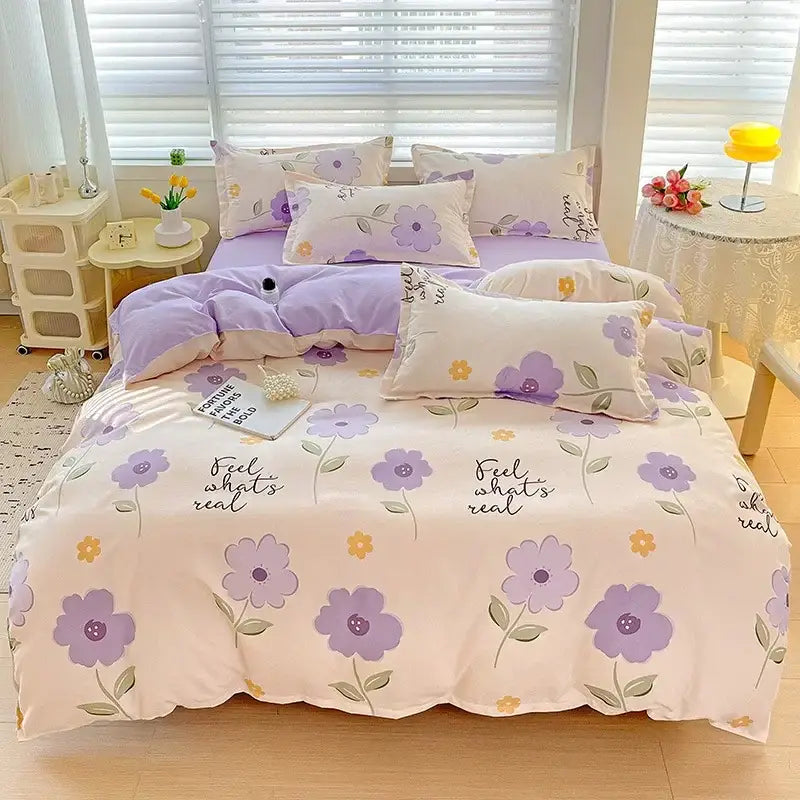 Lavender and cream floral decorbites cotton printed bedding set with purple flowers yellow accents and feel whats real text