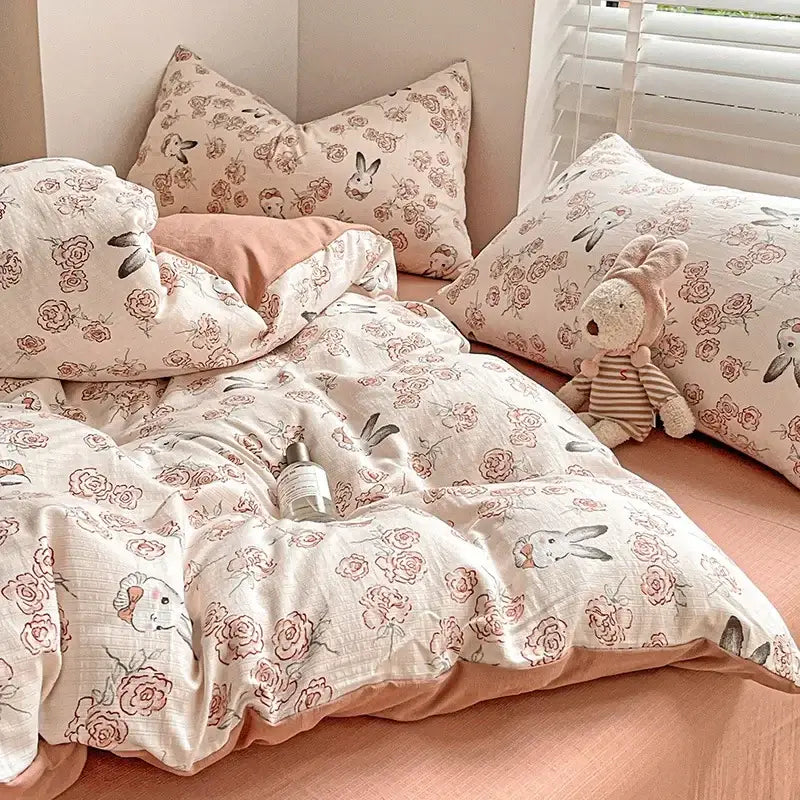 Cream-colored cotton flower printed comforter set with delicate floral and bunny print for bedroom decorbites cotton flower