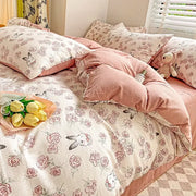 Pink and cream floral cotton flower printed comforter set with bunny motifs for bedroom decorbites cotton flower design