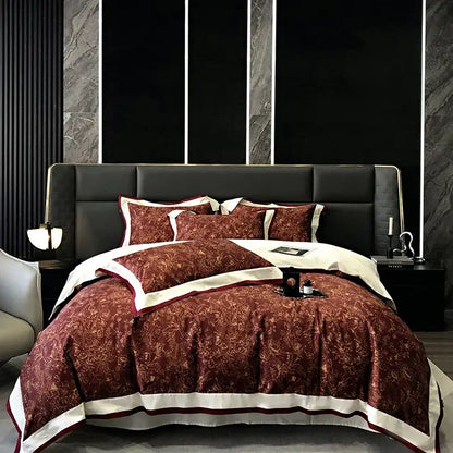 Elegant burgundy satin duvet bedding set with gold floral embroidery and white piping for decorbites 100s egyptian cotton
