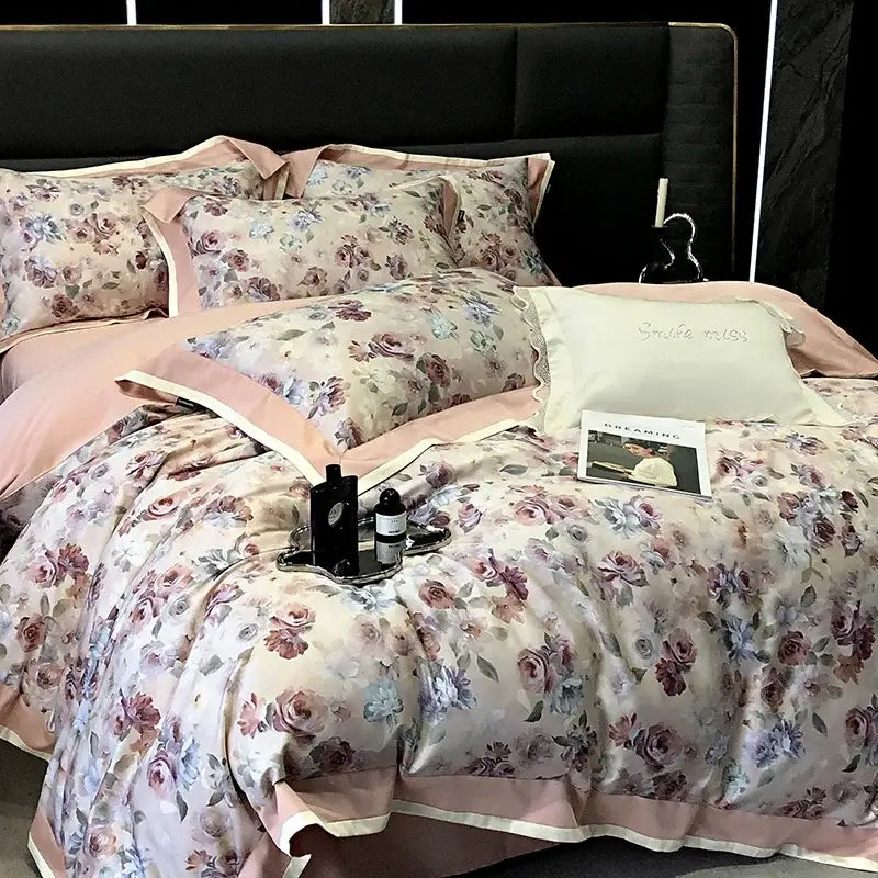 Pink and cream floral satin bedding set with delicate rose patterns made from decorbites 100s egyptian cotton for bedroom use