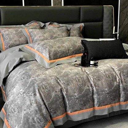 Gray and orange marble-patterned satin bedding set with matching pillowcases for decorbites 100s egyptian cotton collection