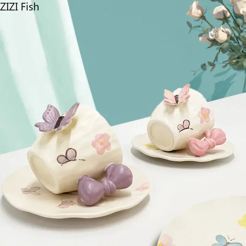 Cream-colored ceramic cup and saucer set with pink and purple butterfly floral patterns decorbites bowknot ceramic dining room