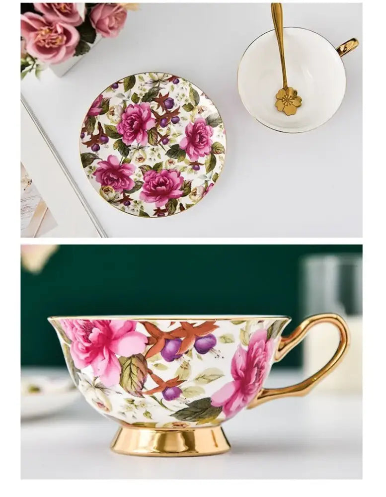 A delicate porcelain tea cup set with gold rim and handle featuring pink roses and purple berries for dining room use