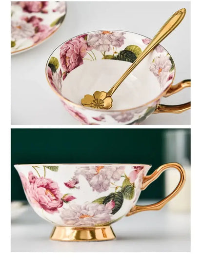 Delicate floral pink and purple porcelain tea cup with gold trim in elegant tea cup set for dining room coffeeware