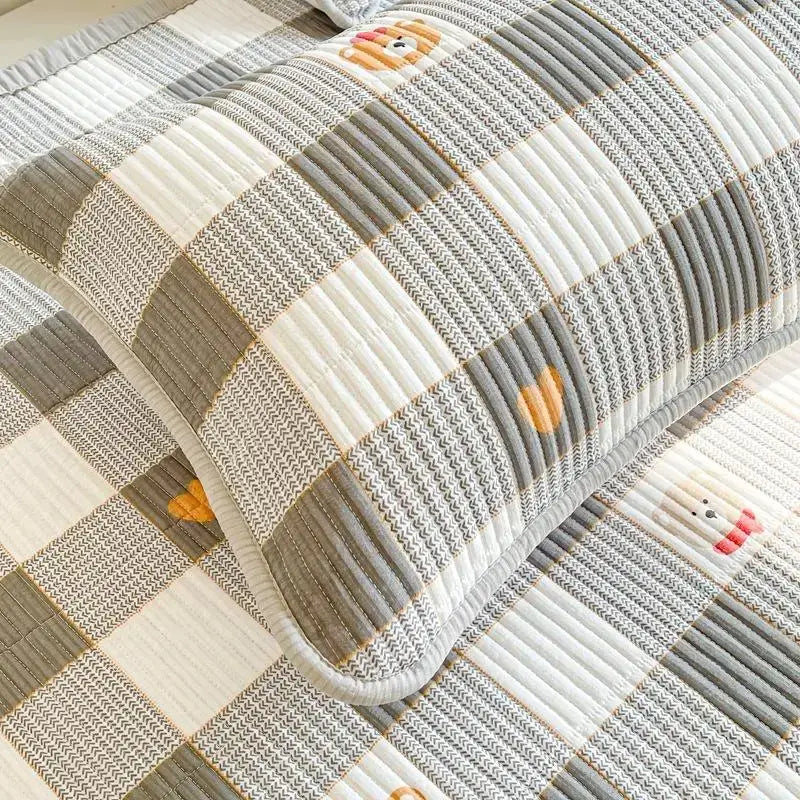 Cute gray and white checkered quilted pillowcase with embroidered animal faces for floral pink and white cartoon small fresh bed sheets decorbites cartoon small bedroom quilt decor
