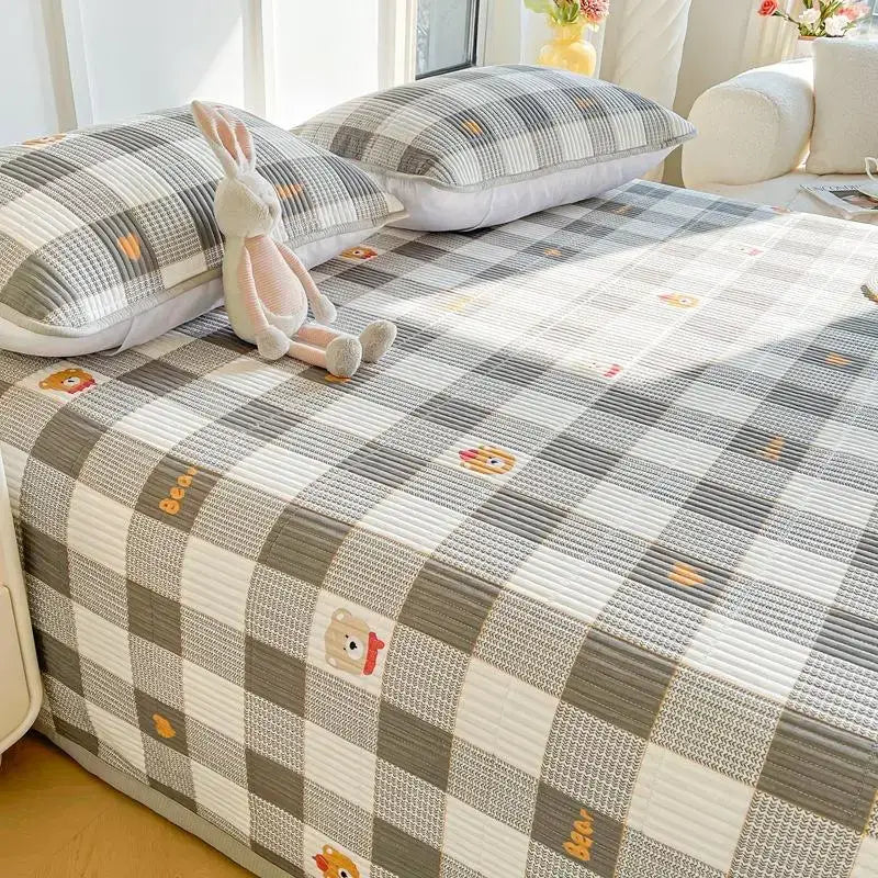Gray and white checkered bedspread with embroidered teddy bear motifs for decorbites cartoon small fresh bed sheets decor