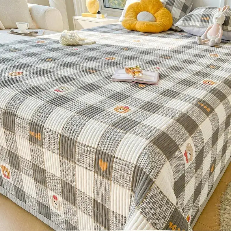 Gray and white checkered quilted bed sheets with embroidered decorbites cartoon small patches for fresh bedroom decor