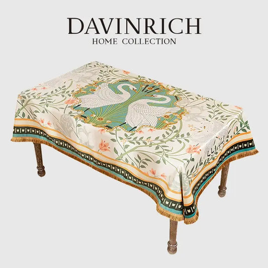 Elegant cream-colored floral print velvet tablecloth with botanical and swan motif tassels for dining room decor