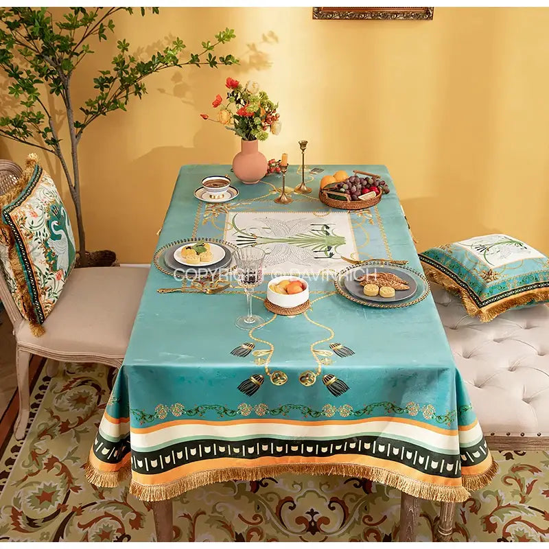 Floral print velvet tablecloth in teal with gold tassels and ornate floral and geometric border for dining room decor