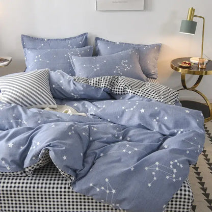 Floral puppy cotton printed bedding set featuring blue star constellation duvet with matching pillows and checkered bedsheet
