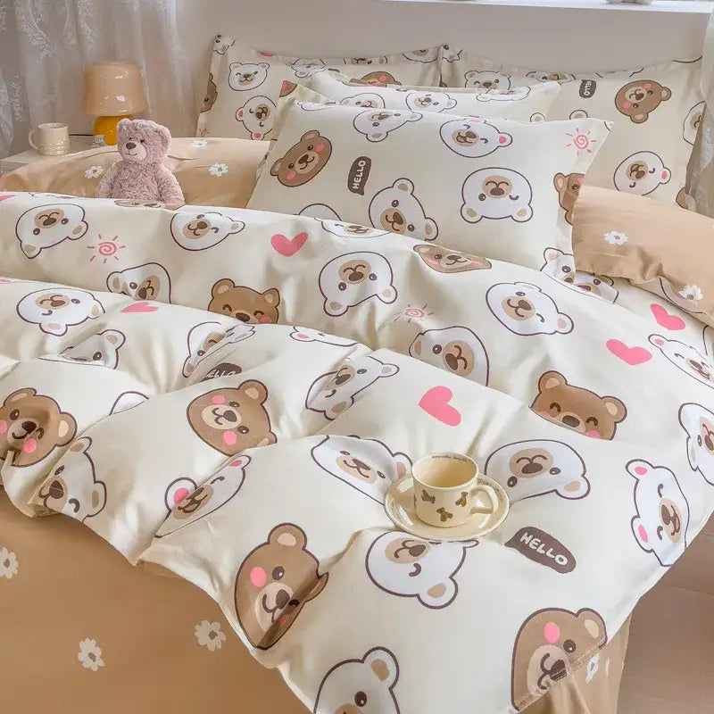 Cream-colored decorbites cotton printed bedding set featuring playful brown and white bears with pink hearts and hello text