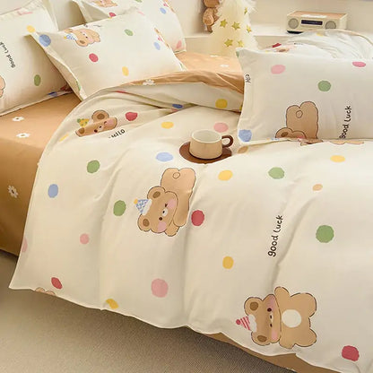 Floral puppy cotton printed bedding set featuring cream-colored cotton printed bedding with teddy bears and pastel polka dots