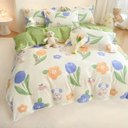 Cute floral and puppy-themed decorbites cotton printed bedding set in soft pastel colors for bedroom decor