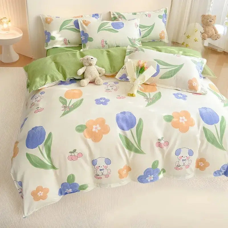 Cute floral and puppy-themed decorbites cotton printed bedding set in soft pastel colors for bedroom decor