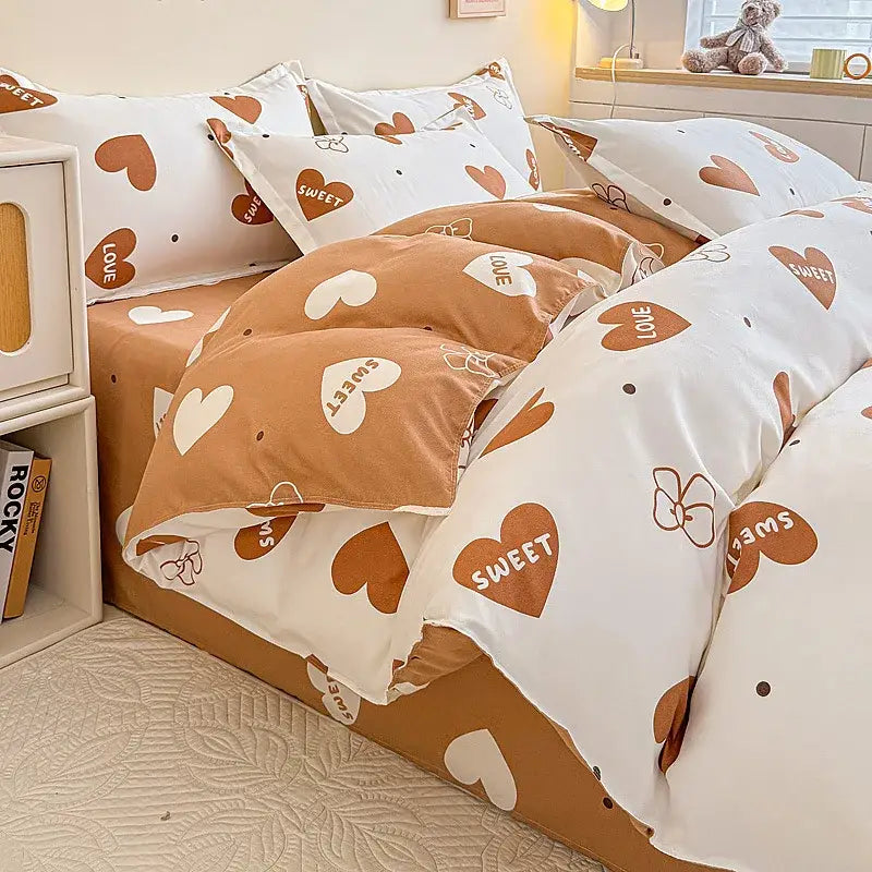 Cute brown and white heart-patterned floral puppy cotton printed bedding set with love and sweet text decorbites cotton printed