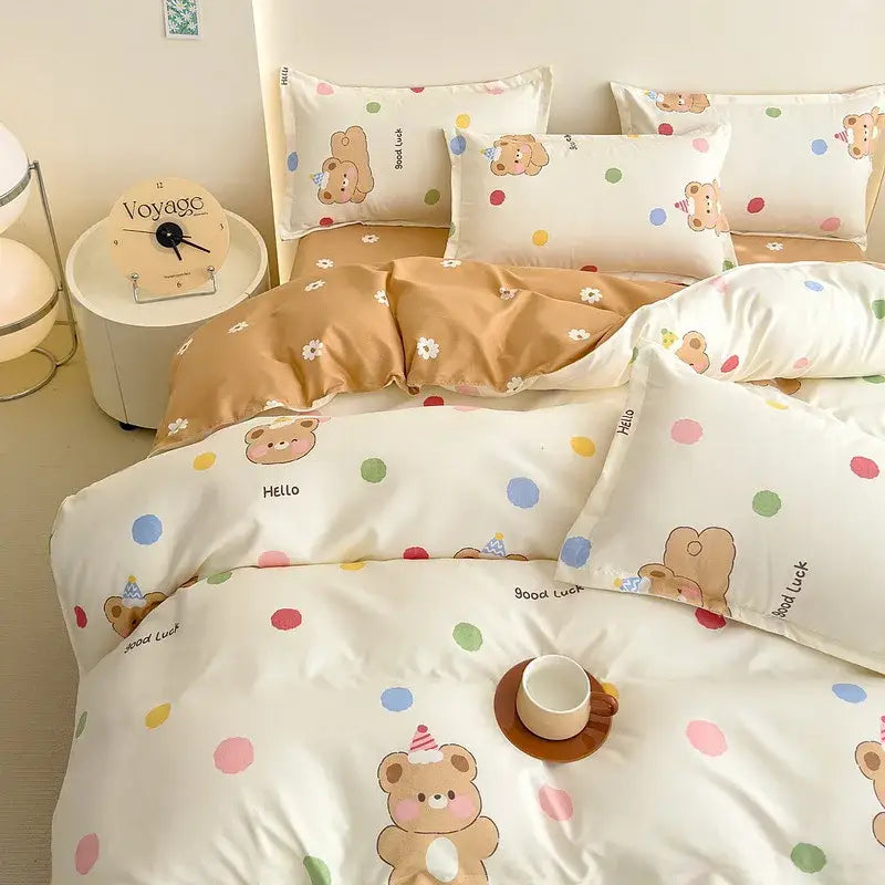 Floral puppy beige and white bear-themed decorbites cotton printed bedding set with colorful polka dots and hello text