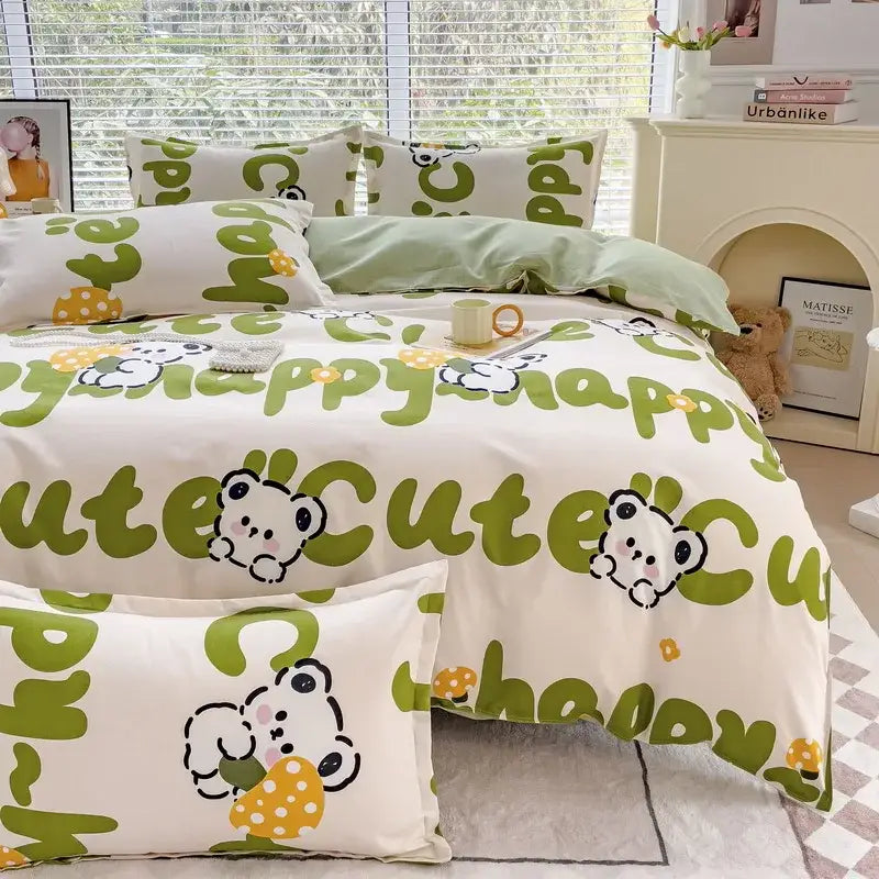Cute white and green bear-themed decorbites cotton printed bedding set with happy lettering for bedroom decor