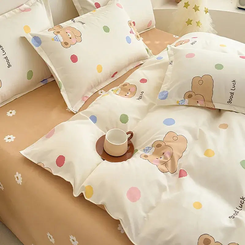 Floral puppy cotton printed bedding set with cute beige teddy bear design colorful polka dots on soft white fabric