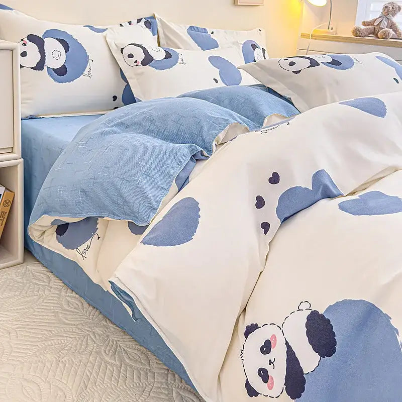 Cute blue and white panda-themed floral puppy cotton printed bedding set with soft decorbites cotton printed fabric