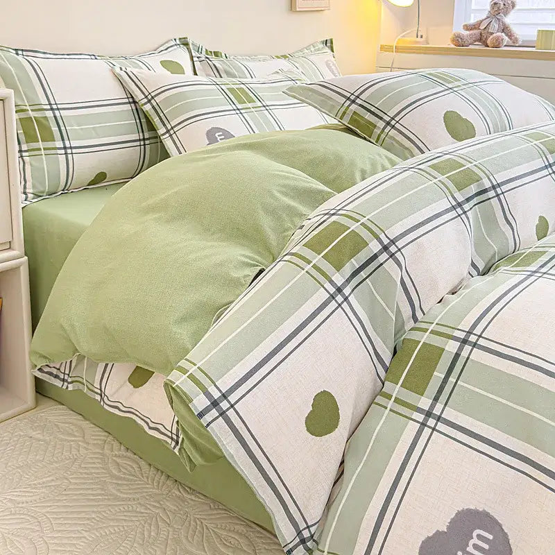 Green and white plaid cotton printed bedding set with heart-shaped accents from decorbites for bedroom decor