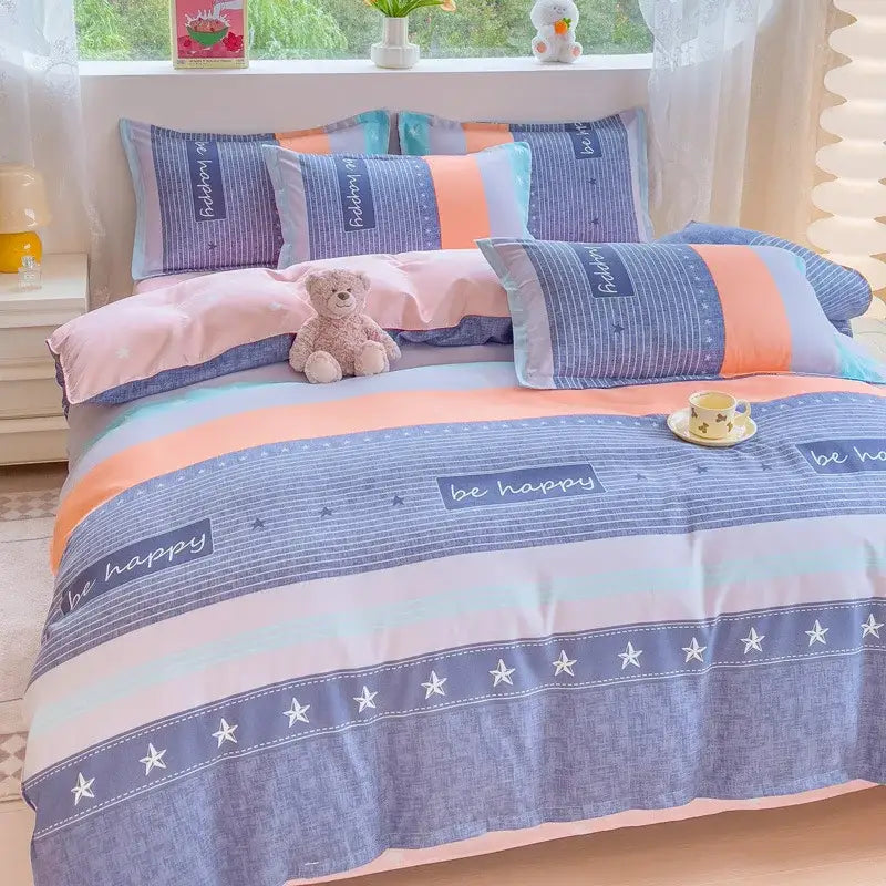 Pastel blue and peach striped decorbites cotton printed bedding set with be happy text and white star patterns for bedroom decor