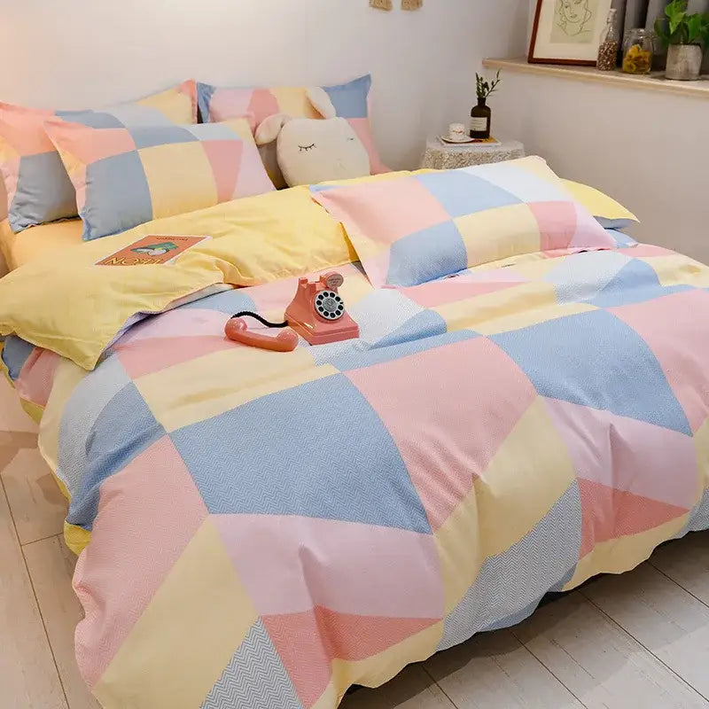 Pastel geometric patterned floral puppy cotton printed bedding set in soft pink blue and yellow decorbites cotton printed