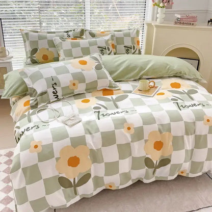 Pastel green and white checkered pastel puppy cotton printed bedding set with yellow floral prints for bedroom decorbites cotton printed