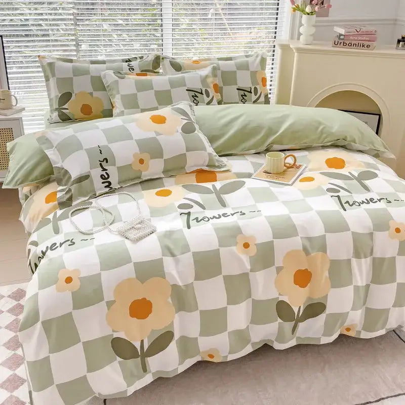 Pastel green and white checkered pastel puppy cotton printed bedding set with yellow floral prints for bedroom decorbites cotton printed