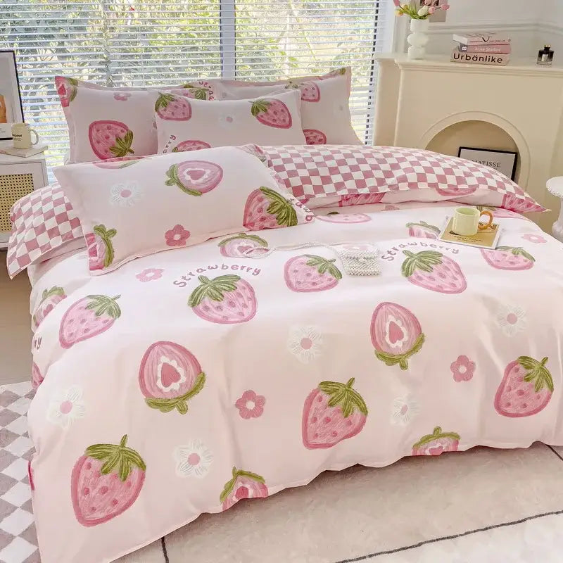 Pink strawberry-themed floral puppy decorbites cotton printed bedding set with pastel cotton printed duvet cover