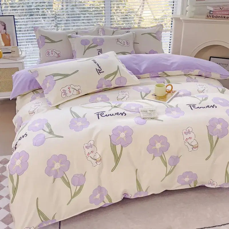 Purple and cream floral puppy cotton printed bedding set featuring cute cartoon bunnies holding tulips decorbites cotton printed