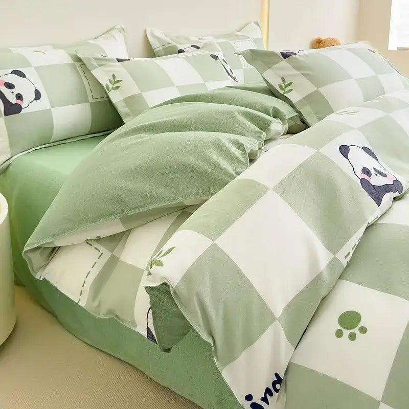 Floral puppy cotton printed bedding set with soft mint green and white checkered duvet featuring panda face prints