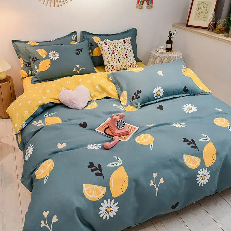 Teal and yellow lemon-themed floral puppy cotton printed bedding set with white daisies and black heart accents